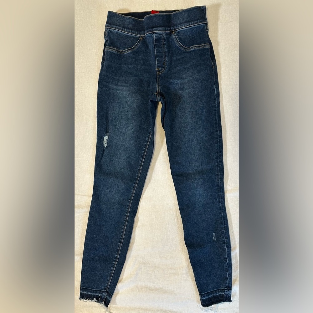 Spanx Jeans Pull On Stretch Skinny Ankle Blue Denim Jean Distressed Small